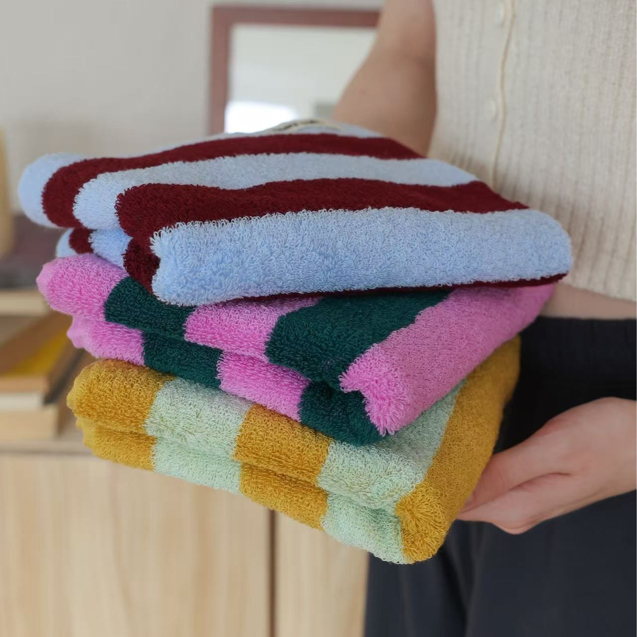Home Textiles Face Towel - 레트로 스트라이프 순수 코튼 타월 소프트